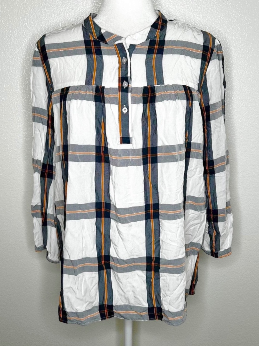 LOFT Womens White & Gray Plaid Long Sleeve Popover Top Shirt Size XL